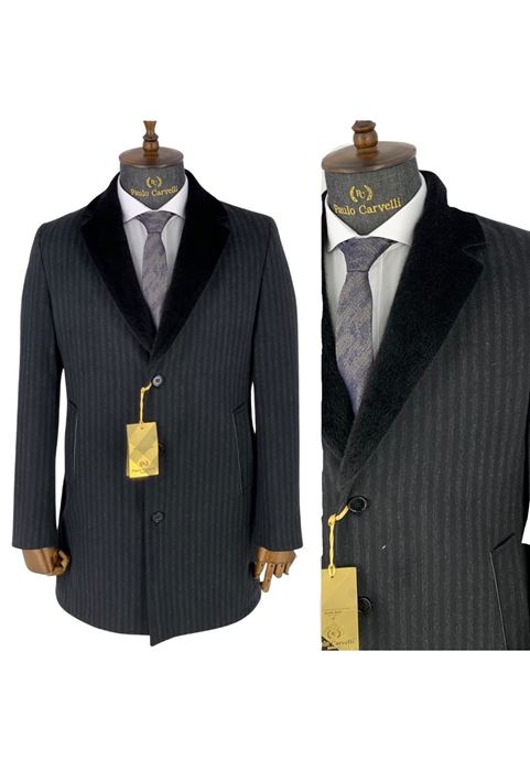 صورة معطف أسود مخطط بسمك مسطح ومفصل باللون الأسود