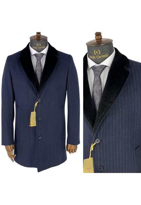 صورة أزرق كحلي سميك مسطح معطف مقلم بالياقة