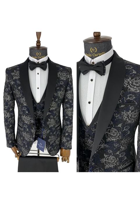 Image de MARINE FONCÉE COL À MOTIF FLEUR BLANC DÉTAILLÉ TUFFÉ