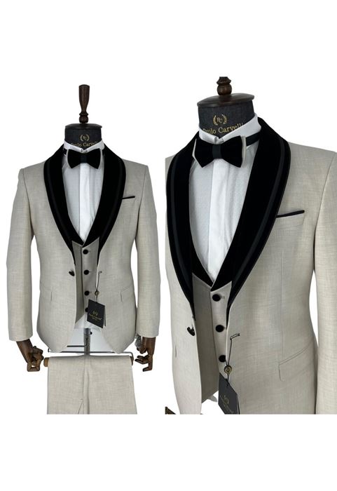 Image de CRÈME LIGNE DROITE À MOTIFS COL EN VELOURS NOIR DÉTAILLÉ TUFFÉ