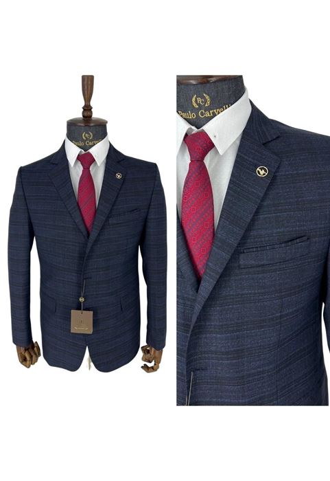 Image de COSTUME BLEU MARINE FONCÉ MOTIF BANDES HORIZONTALES