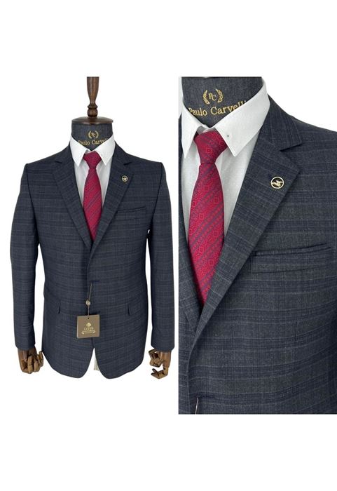 Image de COSTUME GRIS FONCÉ BLEU MARINE À MOTIFS LINÉAIRES HORIZONTAUX